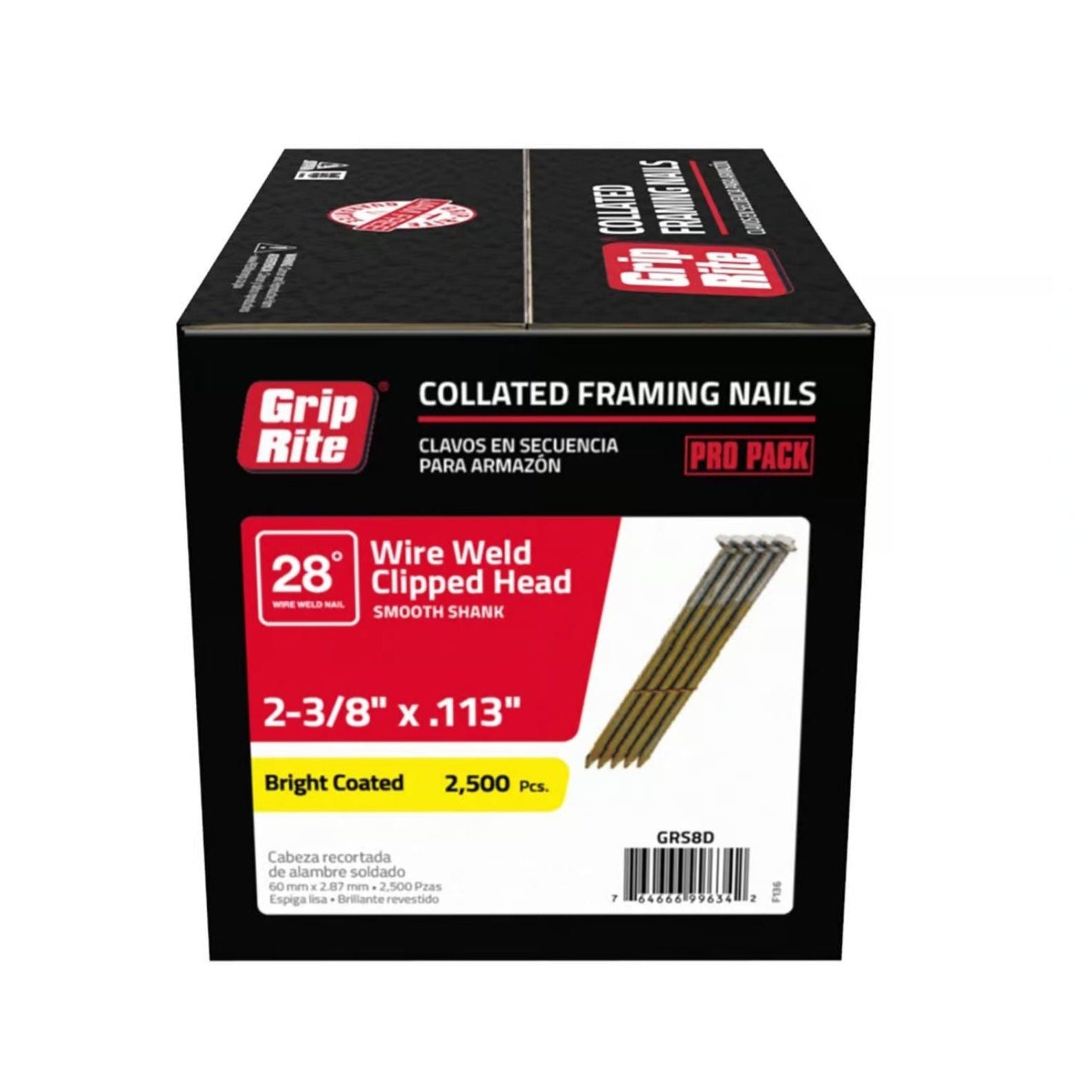 A black and red box of Grip-Rite nails features 28-degree wire weld clipped head nails, sized 2-3/8 x .113, with a bright finish. This pro pack contains 2,500 collated fasteners perfect for power framing nailers and demanding projects.